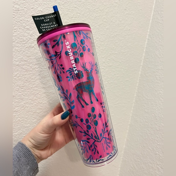 Starbucks 2022 Holiday Pink Red Color Changing Winter Woodland Floral Tumbler